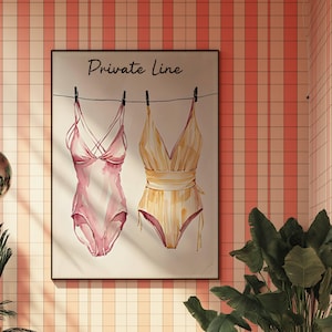 Bikini Print Blue Beachy Wall Art, Coastal Aesthetic, Summer Digital Print, Bikini on Clothesline Trendy Wall Art, Preppy Print,BarCartDecor
