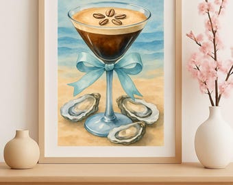 Coastal Espresso Martini Wall Art Printable – Beach Kitchen Decor, Boho Oyster Cocktail Art, Digital Download Bar Print, Martini Art Print