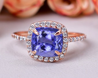 Cushion Tanzanite Engagement Ring, 14K Rose Gold, Moissanite Accent