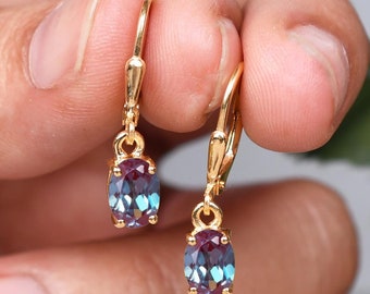 Alexandrite Earring, Anniversary Gifts For Women, Oval Shaped Alexandrite Earring, 14K Gold Earring, Color Changing Stone,Birthstone Jewelry