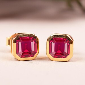 Asscher Cut Ruby Earring Studs: Sterling Silver Birthstone Jewelry