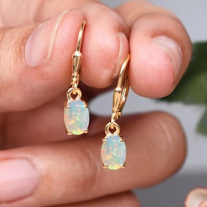 14K Gold Opal Leverback Earring, Opal Drop Earrings, Birthstone Earring, Wedding Engagement Gifts ,Minimalist Opal Earring, Women Jewelry