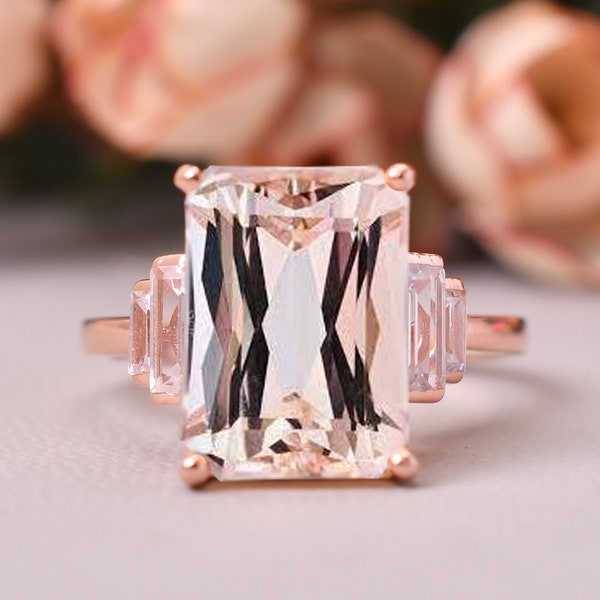 5.2 ct Natural Morganite Ring 14K Rose gold Morganite Engagement Ring Emerald Cut Diamond Wedding Band Morganite Jewelry For Women Promise