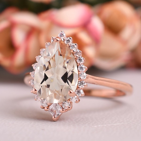 3 CT Morganite Engagement Ring, 14K Rose Gold Pear Shaped Morganite Ring Morganite Wedding Ring Anniversary Gift For Her Women Promise Ring