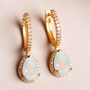 14K Gold Opal Leverback Earrings, Diamond Halo, Wedding Jewelry