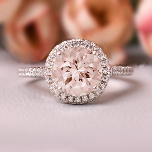 14K Rose Gold Morganite Engagement Ring, Morganite Ring, Round Cut Natural Morganite, Wedding Ring, Anniversary Gift For Her Women, Promise