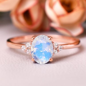 1.5ct Natural Oval Moonstone Ring, Vintage Moonstone Engagement Ring, 14K Gold Ring, Unique Wedding Ring,  Anniversary Birthday Gift For Her
