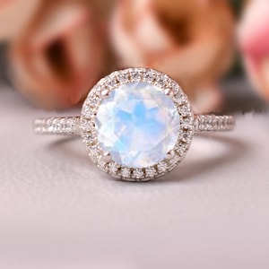 Unique Moonstone Engagement Ring, Moonstone Ring, Round Cut Wedding Ring, Anniversary Gift For Her Women, Halo Ring, Promise Ring, 14K Gold
