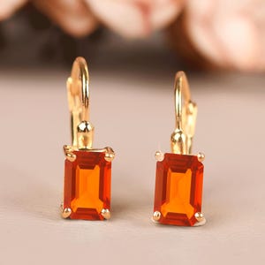 14K Gold Fire Opal Leverback Earrings, Octagon Cut Gemstone Drop Dangle