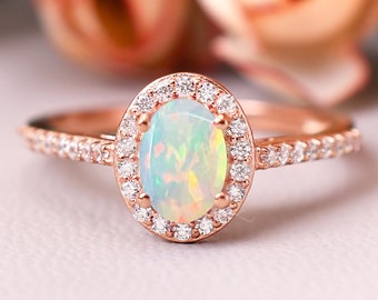 14K Rose Gold Opal Engagement Ring, Oval Cut Natural Fire Opal Ring, Opal Wedding Ring, Halo Ring, Promise Ring For Women,October Birthstone