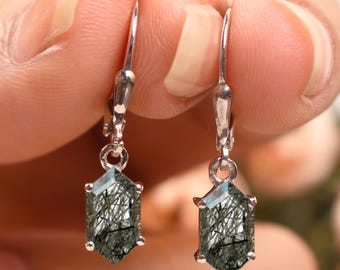 Black Rutilated Quartz Earring, Leverback Earring, Hexagon Shaped Drop Earring, Natural Gemstone, Engagement Gifts ,Women Jewelry, Quartz
