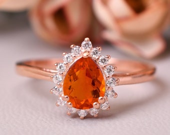 Anillo de ópalo de fuego mexicano, anillo de compromiso de ópalo, anillo de ópalo naranja, regalo de cumpleaños de aniversario para sus mujeres, anillo de promesa de boda de halo de gota de lágrima