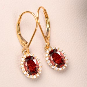 14K Gold Garnet Earring, Diamond Earring  Garnet Drop Earring, Wedding Gifts, Leverback earring, Birthstone Jewelry, Red Garnet Jewelry