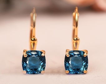 Natural London Blue Topaz earring, Leverback earring, Cushion Topaz Drop earring, Bridal Gifts, Leverback Earring, 14K Gold Earring, Jewelry