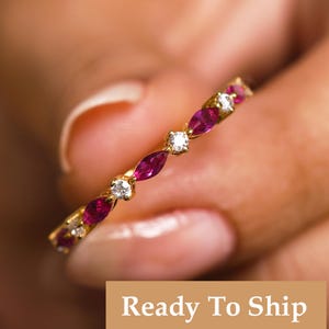 Anillos de eternidad con rubí, talla marquesa, bandas de rubí con diamantes, delicado anillo apilable
