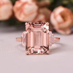 Anel de noiva Morganita Natural 5,2 Ct Anel de noivado Morganita ouro rosa 14K Anel de noivado Diamante corte esmeralda Aliança de casamento Joias Presentes para alguém especial