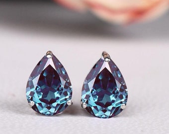 Teardrop Alexandrite Earring, Earring For Women,Stud Earring, White Gold Earring,Alexandrite Earing, Everyday Earing Studs,Pear Alexandrite