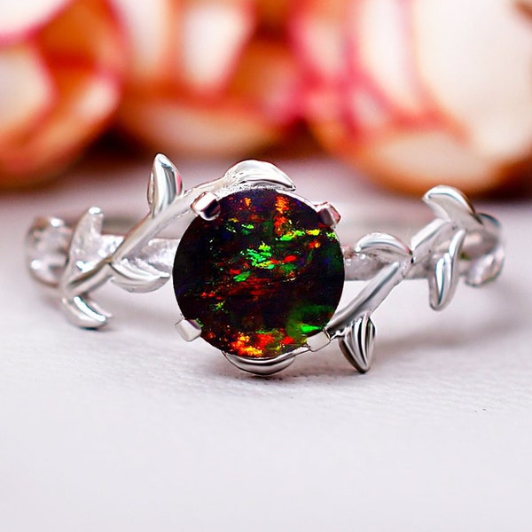 Black Fire Opal Ring Opal Engagement Ring Art Deco Twig Ring Branch Leaf Ring Black Stone Ring Gifts For Bridal Black Opal Diamond Jewelry