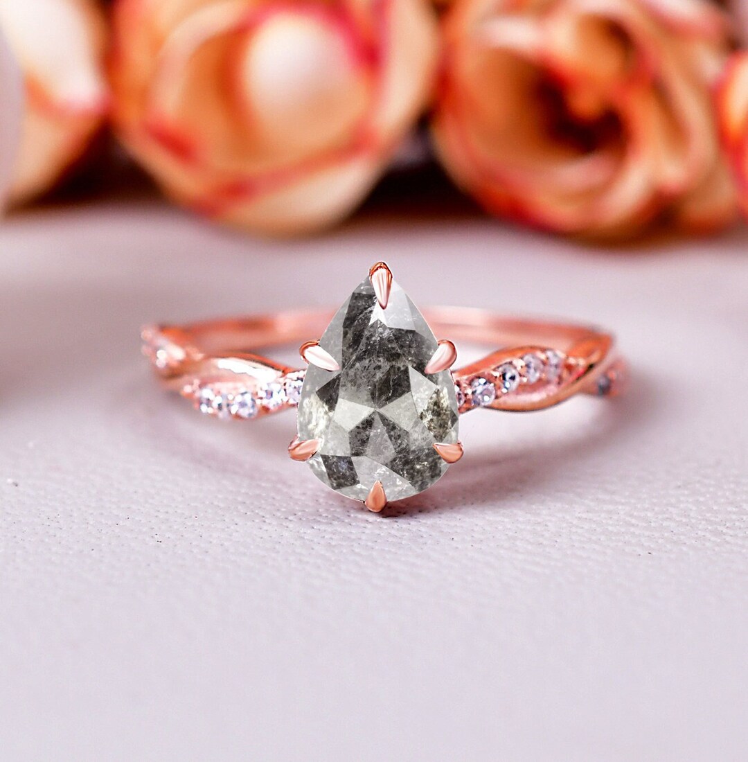Salt and Pepper Diamond Engagement Ring Pear Shape Vintage Rose Gold