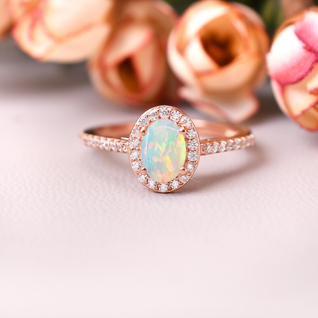 14K Rose Gold Opal Engagement Ring, Oval Cut Natural Fire Opal Ring