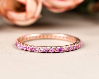 14K Rose Gold Pink Sapphire Band Ring, Sapphire Full Eternity Band Ring, Pink Sapphire Ring, Stackable Ring, Dainty Alternate Ring, Gift her