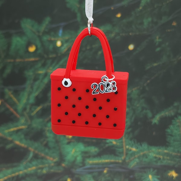 Mini Bogg Bag Style Tote Christmas Ornament 2023 Rubber Tote Red, Teal, Purple, Pink