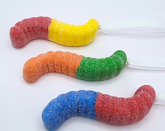 Sour Gummy Worm Ornament 2023 Handmade Polymer Clay Candy Food Ornament Red and Blue, Green and Orange