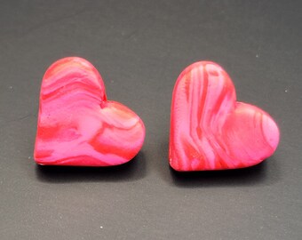 Pink and Red Swirl Clay Heart Stud Earrings Handmade Polymer Clay and Nickel-free Unique One Of A Kind