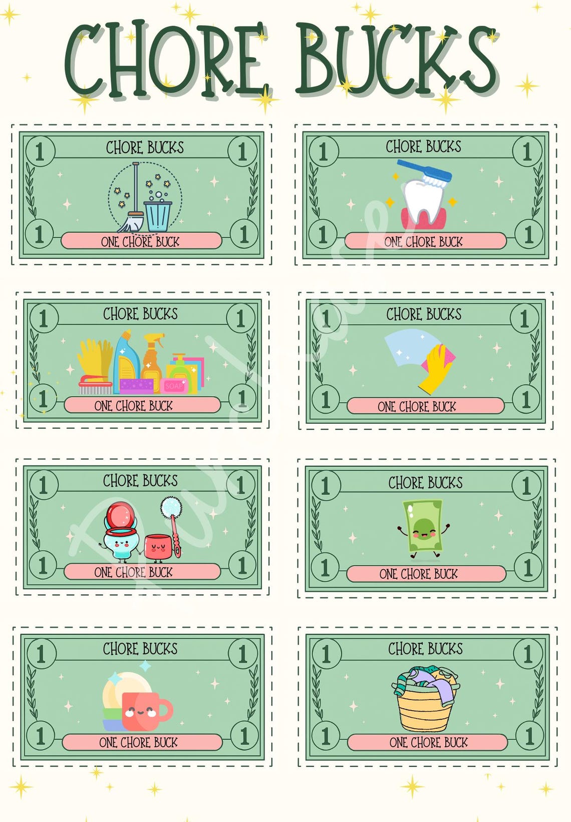 Printable Chore Bucks: Kids Reward Coupons - Green Pastel Design (PDF ...