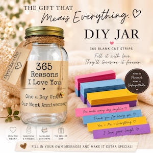 May include: A DIY jar gift set with a glass jar, a gold lid, and a tag that reads "365 Reasons I Love You." Includes colorful blank cut strips for personalized messages. The text "The Gift That Means Everything" is at the top.