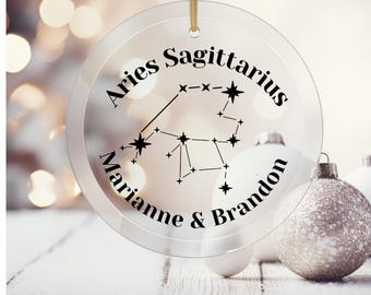 Aries and Sagittarius Custom Couple Zodiac Astrology Constellation Christmas Holiday Glass Ornament Sun Catcher Engaged Married