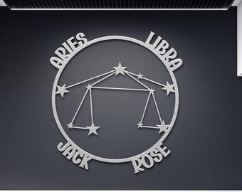 Aries and Libra Couple Constellation Personalized Metal Art Zodiac Astrology Sign Home decor, Custom Gift for Lovers