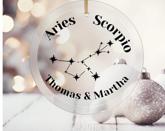 Aries and Scorpio Couple Custom Personalized Zodiac Astrology Constellation Christmas Holiday Glass Ornament Sun Catcher Engaged Married