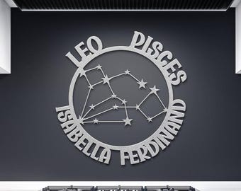 Leo and Pisces Couple Constellation Personalized Metal Art Zodiac Astrology Sign Home decor, Custom Gift for Lovers