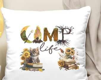 Spring Throw Pillow for Cat and Book Lovers - Camp Life