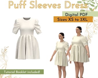 Schnittmuster für kurzes Kleid mit Puffärmeln XS bis 3XL (Digitaler Download)