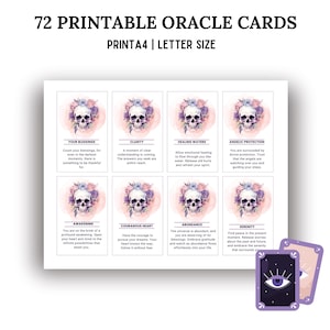 May include: A set of 72 printable oracle cards with a skull and floral design. Each card features a unique message. The cards are in a rectangular shape with a white background. The text "72 PRINTABLE ORACLE CARDS" is at the top.