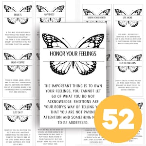 May include: A collection of inspirational cards with butterfly illustrations and motivational phrases. Each card features a unique message, such as "Regrets," "Happiness," and "Honor Your Feelings." A large yellow circle with the number 52 is in the bottom right corner.