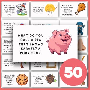 May include: A set of 12 illustrated joke cards, with a red circle displaying the number 50. The cards feature cartoon images and puns, including a pig, a cookie, and a golfer. The text on the cards poses questions and provides humorous answers.