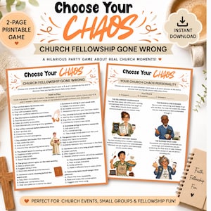 Könnte beinhalten: Ein zweiseitiges, ausdruckbares Partyspiel mit dem Titel Choose Your Chaos: Church Fellowship Gone Wrong. Die Blätter enthalten Multiple-Choice-Fragen zu Kirchenszenarien, Bewertungsabschnitte und Illustrationen verschiedener Personen.