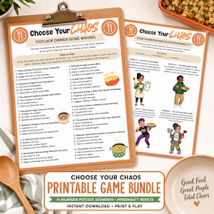 Könnte beinhalten: Ein druckbares Spieleset mit dem Titel Choose Your Chaos, bestehend aus zwei Blättern auf einem Klemmbrett. Die Blätter enthalten ein Potluck-Dinner-Quiz mit vierzehn Szenarien, Multiple-Choice-Antworten und einen Bereich für Persönlichkeitsergebnisse.