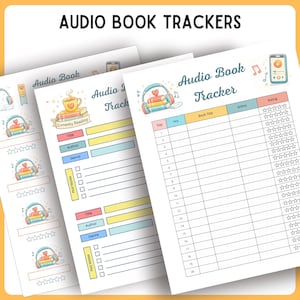 Può includere: Tre fogli stampabili per il monitoraggio di audiolibri con illustrazioni colorate di cuffie, libri e tazze di caffè. Le pagine presentano tabelle con colonne per giorno, ore, titolo del libro, autore e valutazioni, oltre a note sulla trama.