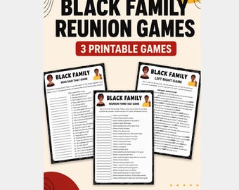 Paquete imprimible de juegos familiares para personas negras, juegos para fiestas de reuniones familiares, actividades para barbacoas, juego de izquierda a derecha, piensa rápido, ¿quién dijo eso?
