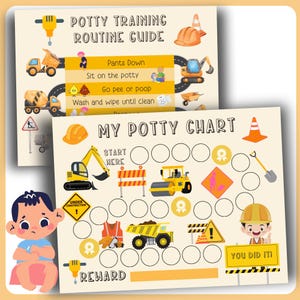 Könnte beinhalten: Zwei illustrierte Toilettentrainings-Anleitungen. Eine Anleitung zeigt eine Straße mit Baufahrzeugen und Anweisungen. Die andere ist eine Toilettentabelle mit Illustrationen zum Thema Bauen.