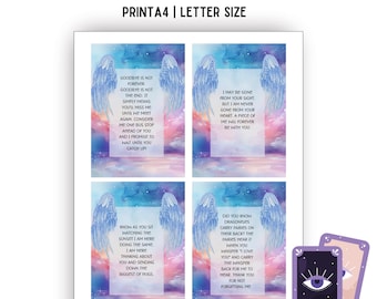 May include: A print of 52 printable oracle cards with angel wings and inspirational quotes. The print also includes two oracle cards with an eye design. The text on the print reads "52 Printable Oracle Cards, Print A4 | Letter Size."