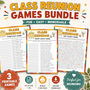 Könnte beinhalten: Ein Klassentreffen-Spielepaket mit drei druckbaren Aktivitätsblättern mit den Titeln Think Fast Game, Most Likely Game und Left Right Game. Das Design enthält gelbe, orangefarbene und blaugrüne Akzente mit Illustrationen eines Diploms und Strichmännchen.