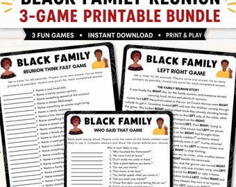 Pacchetto stampabile di giochi per famiglie nere, giochi per feste di riunione di famiglia, attività per barbecue, gioco sinistra-destra, pensa velocemente, chi l'ha detto?