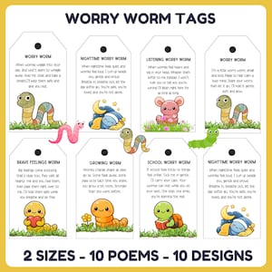May include: A sheet of Worry Worm Tags with ten unique designs, each featuring a different cartoon worm character. The tags include poems about managing worries, with text that reads "2 Sizes - 10 Poems - 10 Designs."