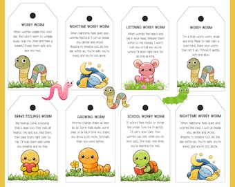 Worry Worm Tags - Printable Gift Tags, Poem Card For Kids, Fun Party Supplies