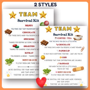 Peut inclure: Deux modèles d'une impression "Team Survival Kit" avec du texte et des graphiques. Un kit comprend des M&M's, du chocolat, des Snickers, des Smarties, du KitKat et de la gomme à la menthe. L'autre kit comprend du café/thé, du chocolat, un trombone, une pièce de monnaie, un pansement et de la gomme à la menthe.
